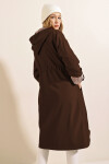 Erkek Kahverengi Fermuarlı Beli Büzgülü Kol Manşetli Kapşonlu Uzun Trençkot