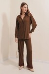 Kadın Kahverengi Krinkıl Kumaş Gömlek Pantolon İkili Takım