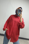 Kadın Kırmızı Düşük Omuz Cepli Oversize Gömlek