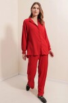 Kadın Kırmızı Krinkıl Kumaş Gömlek Pantolon İkili Takım