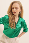 Kadın Koyu Yeşil Dökümlü Viskon Basic Saten Gömlek