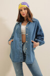 Kadın Mavi Balon Kol Oversize Jean Ceket