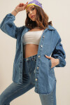Kadın Mavi Balon Kol Oversize Jean Ceket