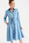 Kadın Mavi Beli Bağlamalı Düğmeli Kolu Katlamalı Jean Elbise
