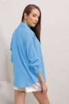 Kadın Mavi Düşük Omuz Cepli Oversize Gömlek
