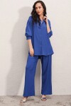 Kadın Saks Mavisi Krinkıl Kumaş Gömlek Pantolon İkili Takım