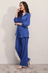 Kadın Saks Mavisi Krinkıl Kumaş Gömlek Pantolon İkili Takım