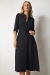 Kadın Siyah Kuşaklı Önü Düğmeli Apoletli Kırinkıl Dökümlü Elbise