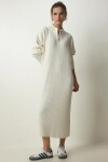 Kadın Beyaz Dik Yaka Fermuar Detaylı Fitilli Triko Elbise