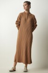 Kadın Camel Dik Yaka Fermuar Detaylı Fitilli Triko Elbise
