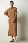 Kadın Camel Dik Yaka Fermuar Detaylı Fitilli Triko Elbise