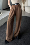 Kadın Kahverengi Yüksek Bel Pileli Salaş Cepli Palazo Pantolon