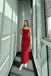 Kadın Kırmızı Likralı Askılı Yırtmaçlı Sandy Elbise