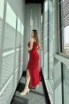 Kadın Kırmızı Likralı Askılı Yırtmaçlı Sandy Elbise