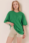 Kadın Koyu Yeşil Yuvarlak Yaka Pamuklu Basic Oversize Tişört
