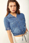 Kadın Mavi Eteği Bağlamalı Kolu Katlamalı Çıtçıtlı Kot Gömlek