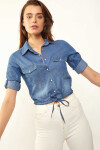 Kadın Mavi Eteği Bağlamalı Kolu Katlamalı Çıtçıtlı Kot Gömlek