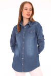 Kadın Mavi Kolu Katlamalı Çıtçıt Düğmeli Kot Gömlek
