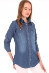 Kadın Mavi Kolu Katlamalı Çıtçıt Düğmeli Kot Gömlek