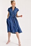 Kadın Mavi Sıfır Kol Kuşaklı Düğmeli Jean Elbise