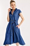 Kadın Mavi Sıfır Kol Kuşaklı Düğmeli Jean Elbise
