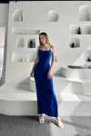 Kadın Saks Mavisi Likralı Askılı Yırtmaçlı Sandy Elbise