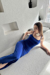 Kadın Saks Mavisi Likralı Askılı Yırtmaçlı Sandy Elbise