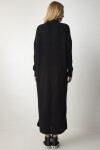 Kadın Siyah Dik Yaka Fermuar Detaylı Fitilli Triko Elbise